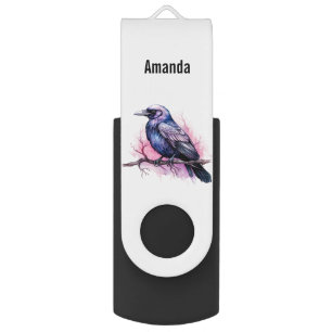 Black Raven on a Branch Illustration Flash Drive