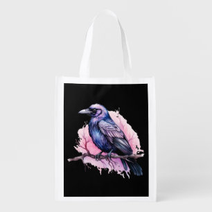 Black Raven on a Branch Illustration Grocery Bag