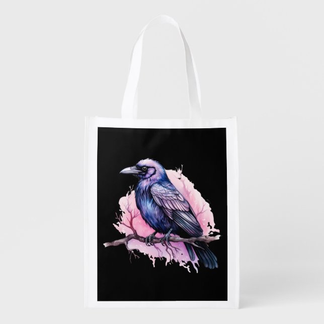 Black Raven on a Branch Illustration Grocery Bag (Front)