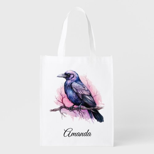 Black Raven on a Branch Illustration Grocery Bag