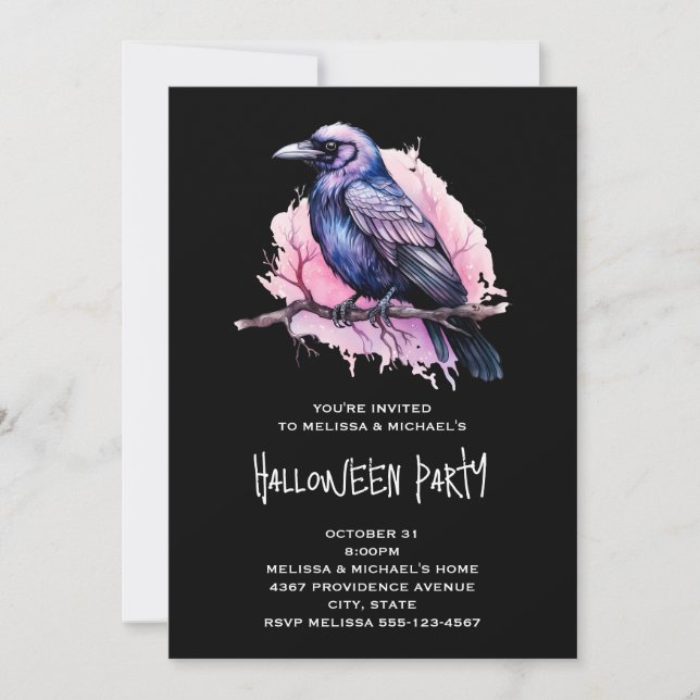 Black Raven on a Branch Illustration Halloween Invitation (Front)