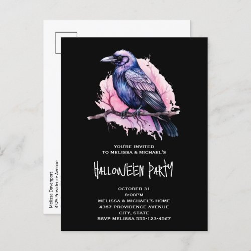 Black Raven on a Branch Illustration Halloween Invitation Postcard