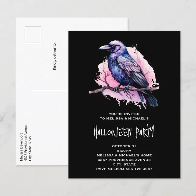 Black Raven on a Branch Illustration Halloween Invitation Postcard | Zazzle