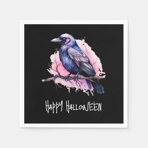 Black Raven on a Branch Illustration Halloween Napkins