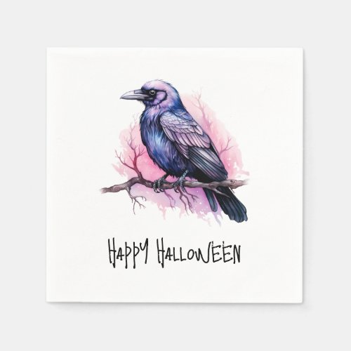 Black Raven on a Branch Illustration Halloween Napkins