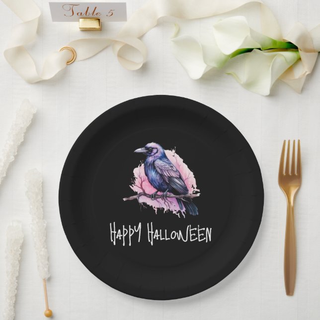 Black Raven on a Branch Illustration Halloween Paper Plates (Wedding)