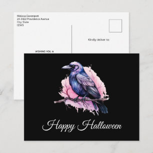 Black Raven on a Branch Illustration Halloween Postcard