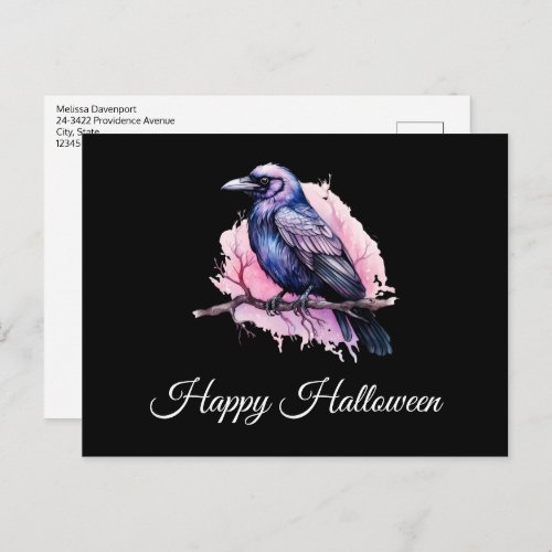 Black Raven on a Branch Illustration Halloween Postcard