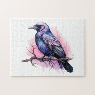 Black Raven on a Branch Illustration Jigsaw Puzzle