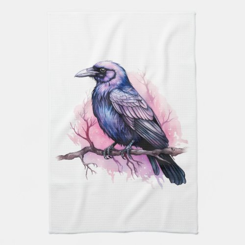 Black Raven on a Branch Illustration Kitchen Towel