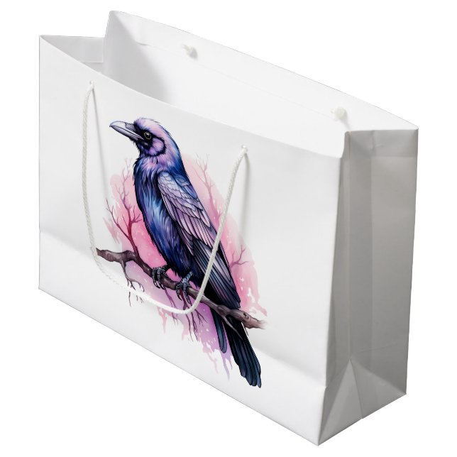 Black Raven on a Branch Illustration Large Gift Bag (Front Angled)