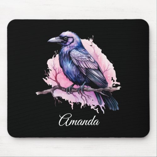 Black Raven on a Branch Illustration Mouse Pad