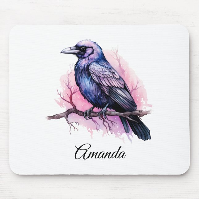 Black Raven on a Branch Illustration Mouse Pad (Front)