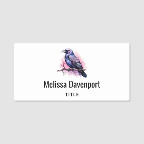 Black Raven on a Branch Illustration Name Tag