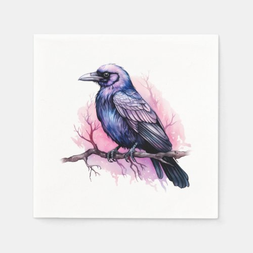 Black Raven on a Branch Illustration Napkins