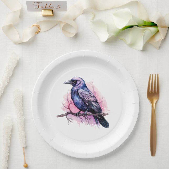 Black Raven on a Branch Illustration Paper Plates (Wedding)