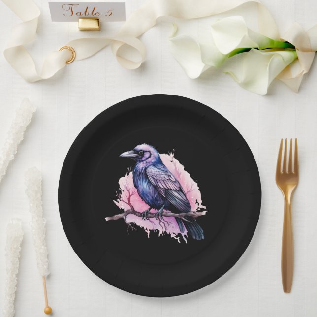 Black Raven on a Branch Illustration Paper Plates (Wedding)