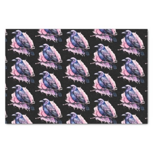 Black Raven on a Branch Illustration Pattern Tissue Paper