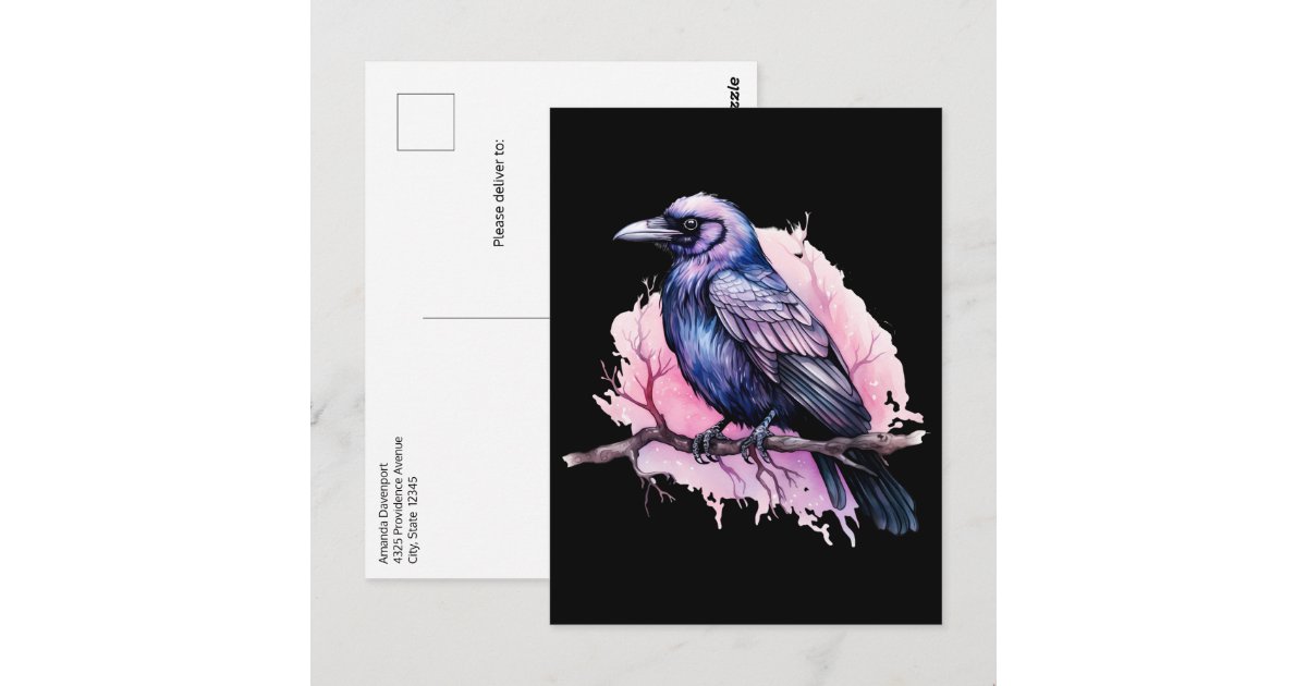 Black Raven on a Branch Illustration Postcard | Zazzle