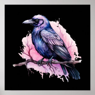 Black Raven on a Branch Illustration Poster