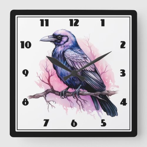 Black Raven on a Branch Illustration Square Wall Clock