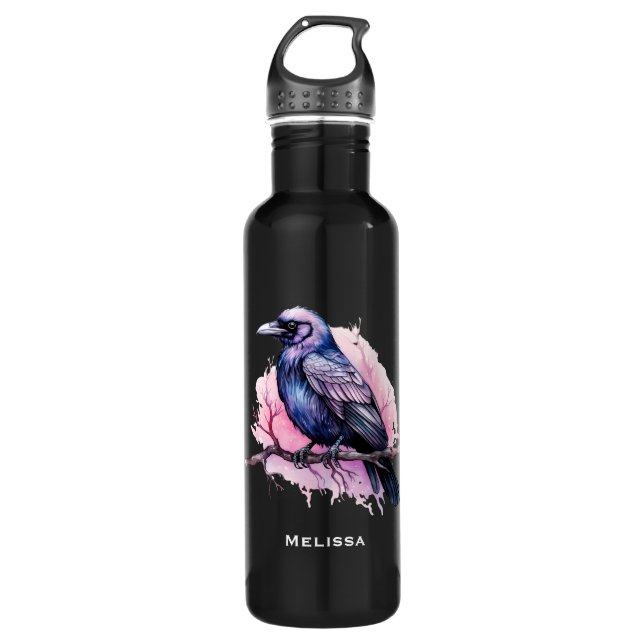 Black Raven on a Branch Illustration Stainless Steel Water Bottle (Front)