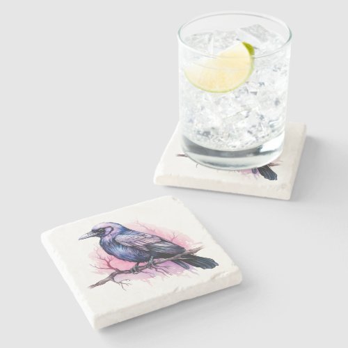 Black Raven on a Branch Illustration Stone Coaster