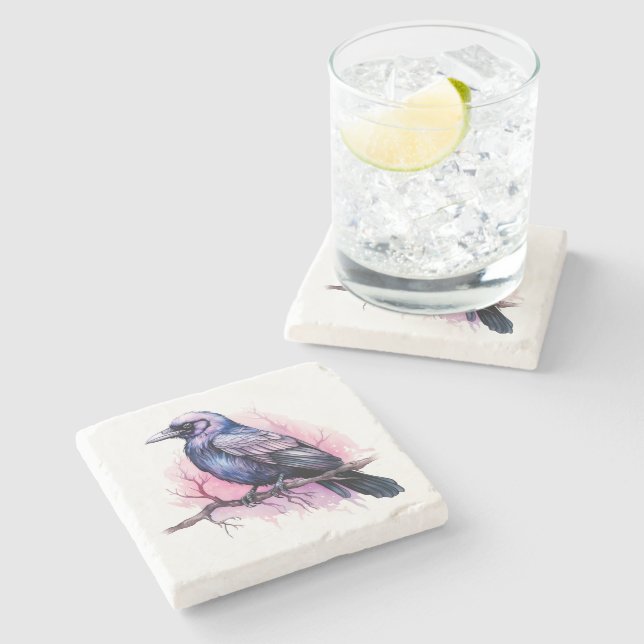 Black Raven on a Branch Illustration Stone Coaster (Side)
