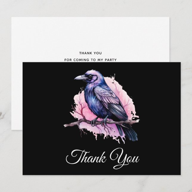 Black Raven on a Branch Illustration Thank You Card (Front/Back)