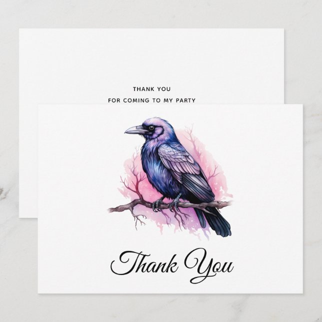 Black Raven on a Branch Illustration Thank You Card (Front/Back)