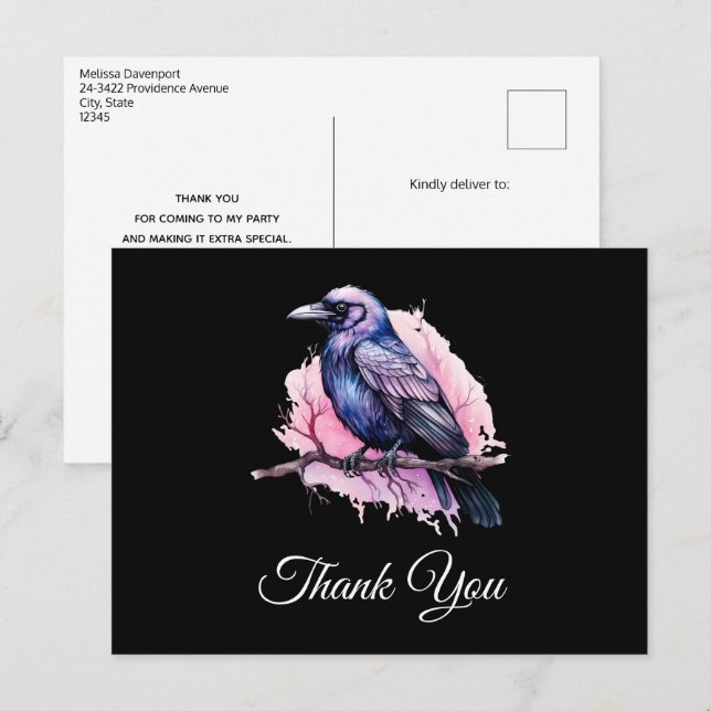 Black Raven on a Branch Illustration Thank You Postcard (Front/Back)