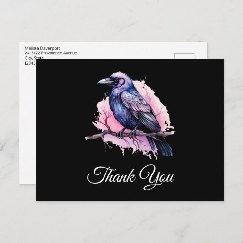 Black Raven on a Branch Illustration Thank You Postcard