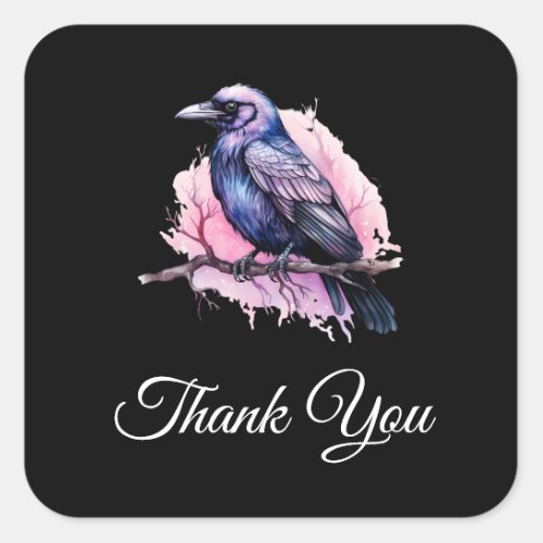 Black Raven on a Branch Illustration Thank You Square Sticker