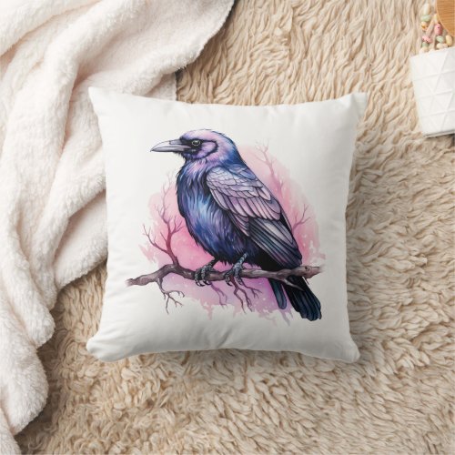 Black Raven on a Branch Illustration Throw Pillow