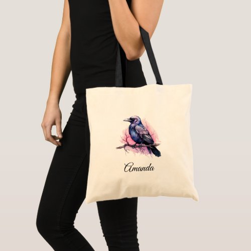 Black Raven on a Branch Illustration Tote Bag