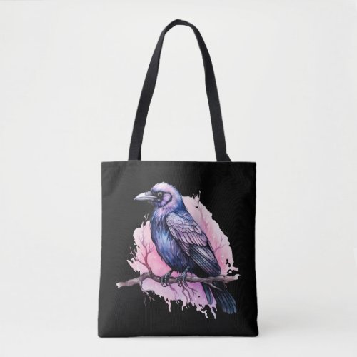 Black Raven on a Branch Illustration Tote Bag