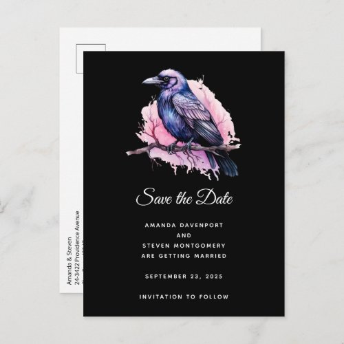 Black Raven on a Branch Illustration Wedding Announcement Postcard