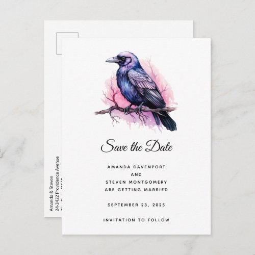 Black Raven on a Branch Illustration Wedding Announcement Postcard