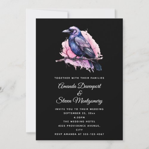 Black Raven on a Branch Illustration Wedding Invitation