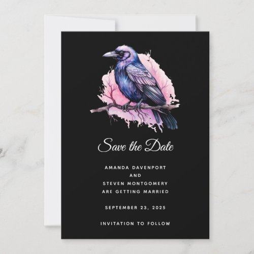 Black Raven on a Branch Illustration Wedding Save The Date