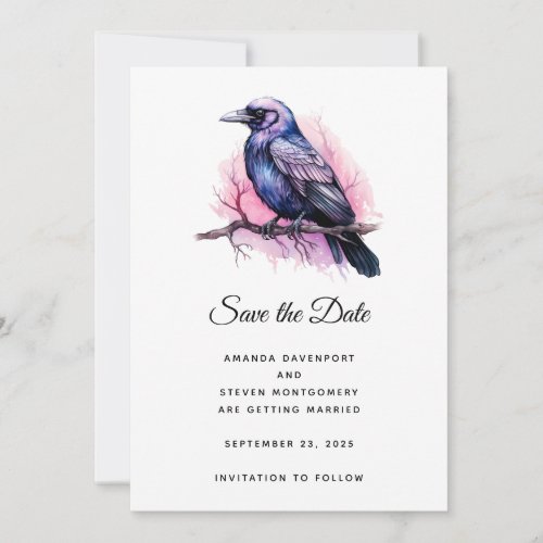 Black Raven on a Branch Illustration Wedding Save The Date