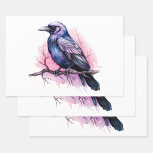 Black Raven on a Branch Illustration Wrapping Paper Sheets