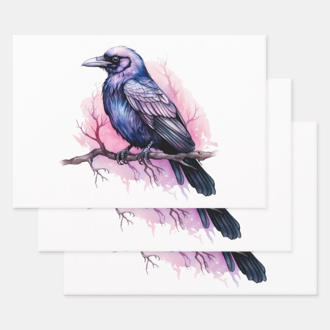 Black Raven on a Branch Illustration Wrapping Paper Sheets (Set)