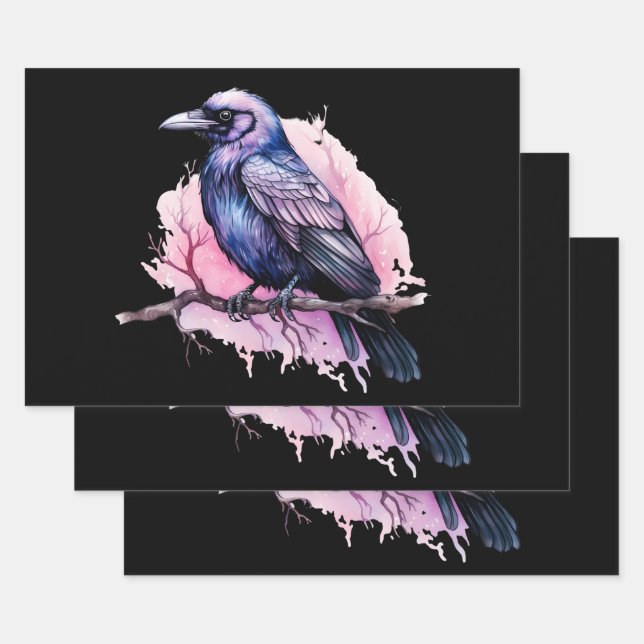 Black Raven on a Branch Illustration Wrapping Paper Sheets (Set)