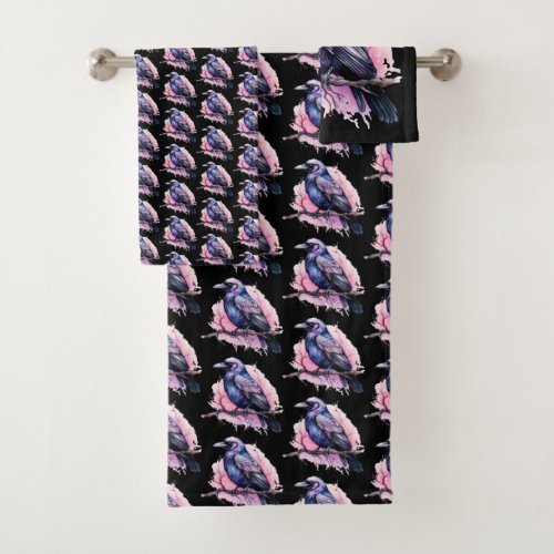 Black Raven on a Branch Pattern Bath Towel Set