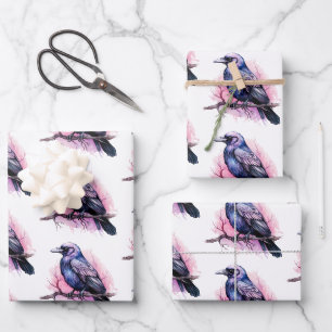 Black Raven on a Branch Pattern Wrapping Paper Sheets