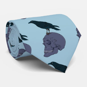 Black Raven On A Grey Human Skull Tie