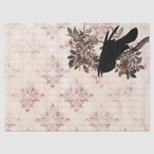Black Raven on Branch Burgundy Damask Decoupage Tissue Paper