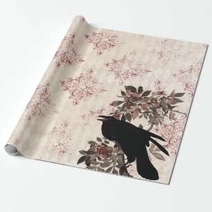 Black Raven on Branch Burgundy Damask Wrapping Paper