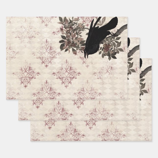 Black Raven on Branch Burgundy Damask Wrapping Paper Sheets (Set)